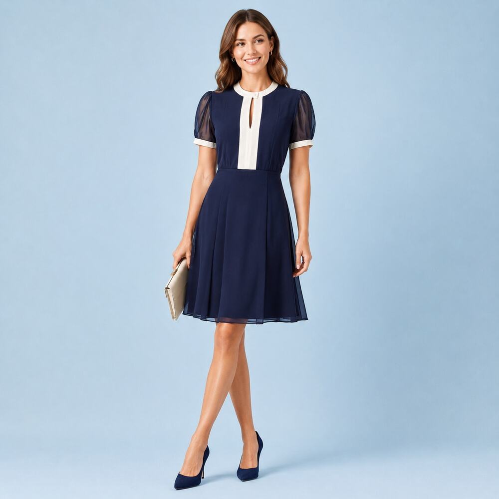 Somerset Alice Temperley Dress Womens 12 Navy Silk Chiffon Contrast Fit Flare